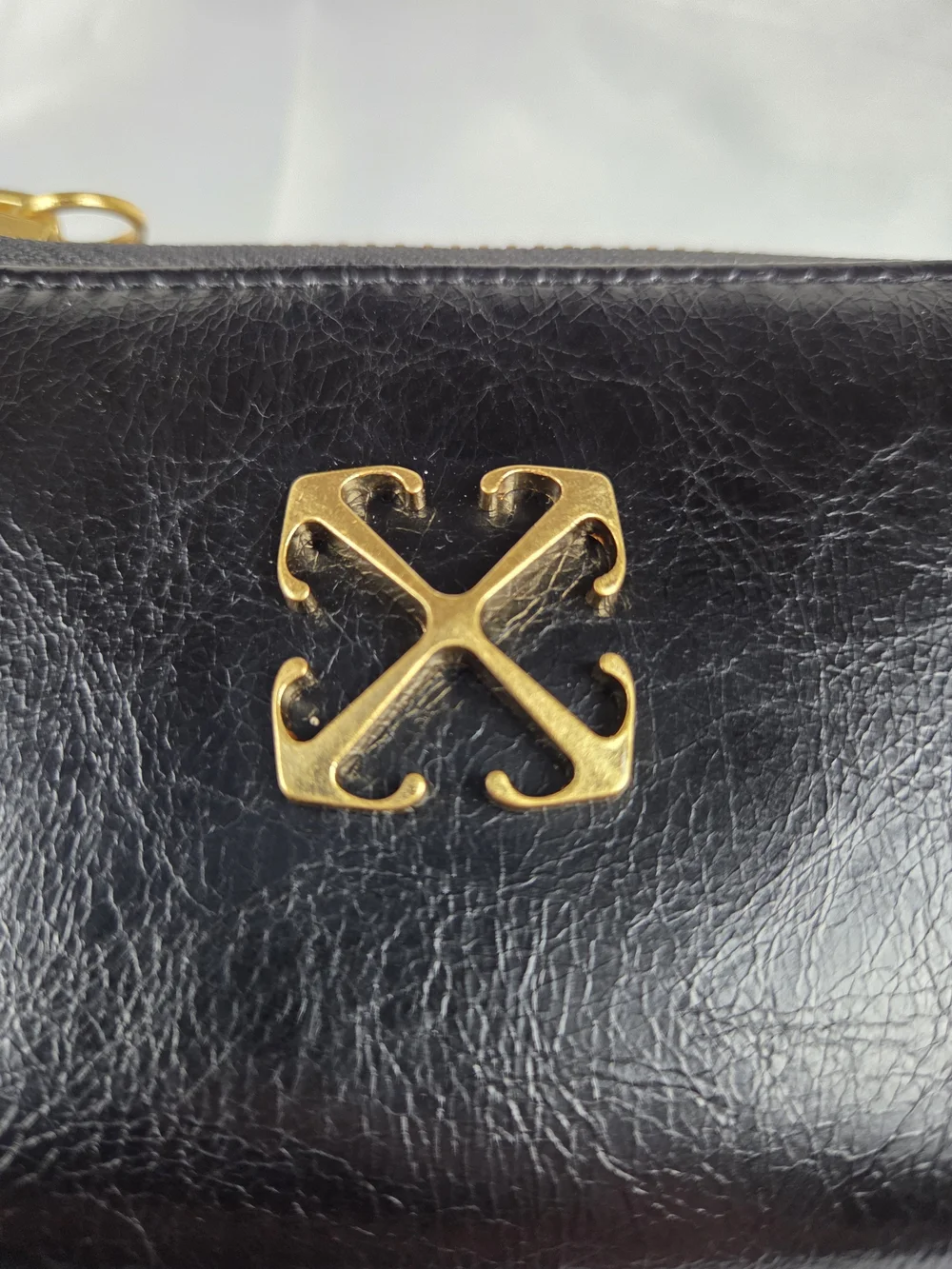 Authentic Off-White Black Leather Zip Card Holder Wallet Gold Arrow Logo Card